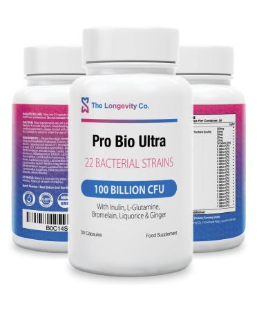 PROBIOTIC Complex - 100 Billion CFU - 22 Strains of Bio Cultures - Pre and Probiotics for Gut Health with Digestive Enzymes Prebiotics Liquorice and Ginger for A Happy Gut Flora