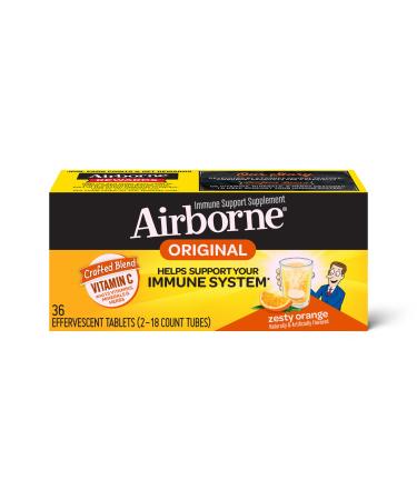 Airborne 1000mg Vitamin C with Zinc Effervescent Tablets Immune Support Supplement with Powerful Antioxidants Vitamins A C & E - 36 Fizzy Drink Tablets Zesty Orange Flavor 36 Count (Pack of 1)