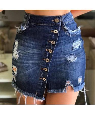 Sanahy Women's Dark Wash Denim Pencil Skirt - Front Split Frayed Mini Skirt | Navy | Asymmetrical Distressed Design - Buy Online on GoSupps.com