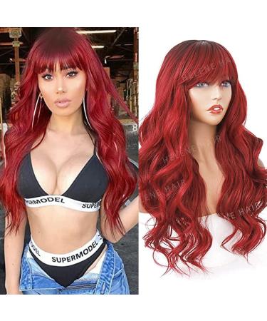 Burgundy Red Ombre Wine Long Wavy Wig with Bangs - 24 Inches Heat Resistant Synthetic Wig for Black Women - Daily Cosplay - Buy Online on GoSupps.com