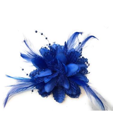 Flower Feather Bead Corsage Hair Clips Fascinator Hairband (Royal Blue) Cobalt