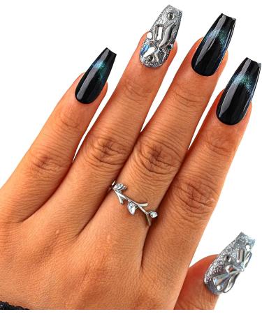 Sethexy Glitter Rhinestone Long Coffin Fake Nails Cat Eye Handmade False Nails Green Crystal Glossy Press on Nails Salon Durable Quality Nails for Women and Girls(C) - Buy Online on GoSupps.com
