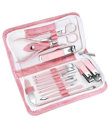 WOAMA Manicure Set Pedicure Kit Professional 18 in 1 Nail Clippers Set Stainless Steel Manicure Pedicure Tools Toe Nail Kit with Glass Nail File Pink 18 Pieces Pink