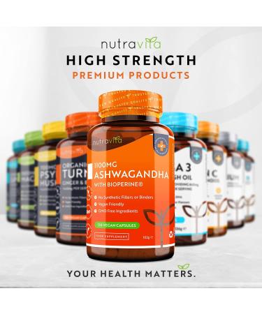 Nutravita Ashwagandha 1100mg - 120 Vegan Capsules with Bioperine - High Strength Natural Ashwagandha Root Powder - Made in UK - Vegan Friendly Supplement - Buy Online on GoSupps.com