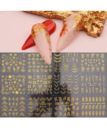 Gold Nail Stickers for Acrylic Nails, 3D Metallic Nail Art Stickers Self Adhesive Nail Decals Golden Flowers Leaves Lines Nail Art Supplies Floral Nail Stickers for Women Girls Kids, 12 Styles 385-396gold