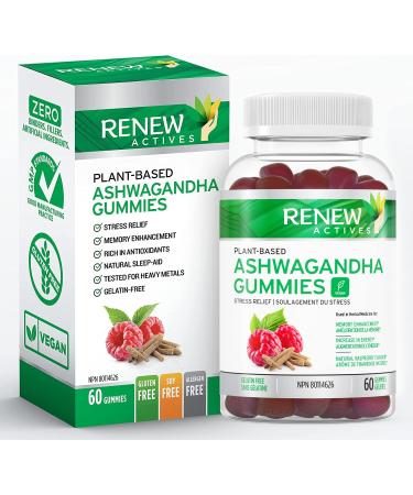 Renew Actives Ashwagandha 100MG per 4 Gummies Memory Focus & Energy Boost Traditionally Used as a Rejuvenative Tonic Vegan Herbal Adaptogen Made in Canada 60 Gummies