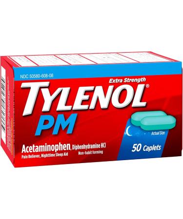 Tylenol PM Extra Strength Caplets - 500mg Acetaminophen & 25mg Diphenhydramine for Nighttime Pain Relief - Non-Habit Forming - 50 ct - Buy Online on GoSupps.com