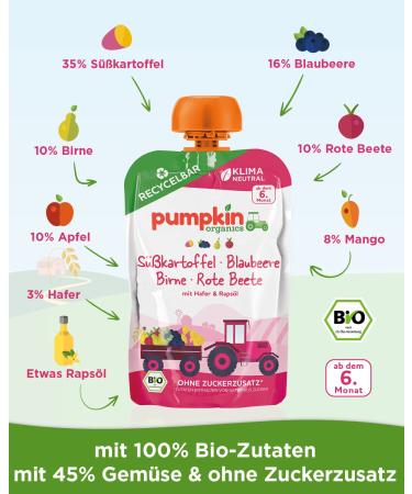 Organic Baby Puree Sweet Potato Blueberry Pear & Beetroot 8 Pack (100g Each) | 6+ Months Recyclable Squeezy Pouches - Buy Online on GoSupps.com