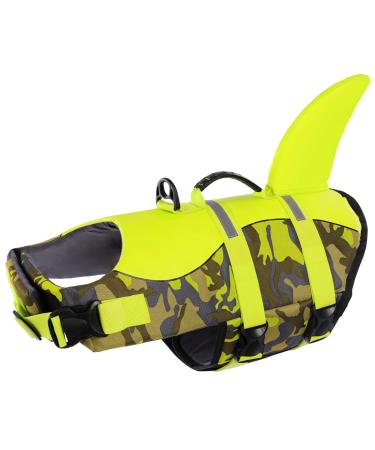 Queenmore life jacket dog adjustable dog life jack ripstop lifeguard with high buoyancy and durable rescue handle for dogs for medium -sized dogs (GreenCamo L) L GreenCamo Shark