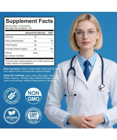Lithium Orotate 5mg Gummies for Adults and Kids Low-Dose Chelated Lithium Orotate for Mood Support & Cognitive Improvement Sugar-Free Non-GMO Gluten-Free Vegan-Friendly Blueberry Flavor 60 - Buy Online on GoSupps.com