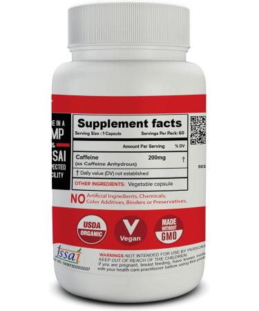 Caffeine 200mg Capsules - 60 Count | Boost Energy & Enhance Mental Focus | High-Purity Formula - Buy Online on GoSupps.com