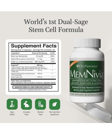 MemNivia Brain Supplements for Memory & Focus | Dual-Sage Stem Cell Formula with Cognivia Bacopa Holy Basil & Ginger | Clinically Proven Mental Clarity Support | 180 Capsules (3 Bottles) | USA Made 60 Count (Pack of 3) - Buy Online on GoSupps.com