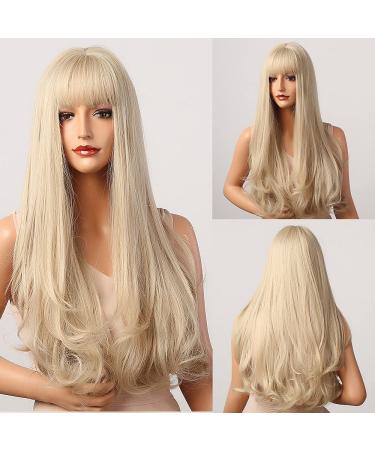 Allbell Long Wavy Blonde Wigs for Women | Cosplay & Halloween Heat-Resistant Synthetic Hair with Bangs - Naturally Looking Warm Blonde - Buy Online on GoSupps.com