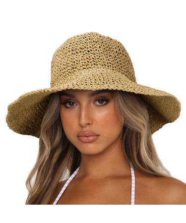 Sydbecs Womens Sun Hats Wide Brim Summer Beach Hat for Women Foldable Travel Straw Hat UPF50+ Khaki