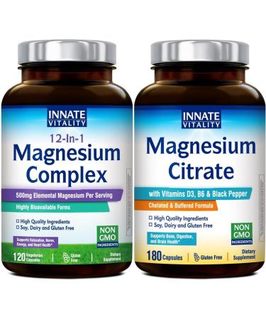 Innate Vitality Magnesium Supplement Bundle 12-in-1 Magnesium Complex (500mg Elemental) + Magnesium Citrate with Vitamin D3 & B6 Enhanced Absorption for Digestion Heart Bone & Brai