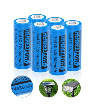 Henreepow LiFePo4 Battery 14430 3.2v Rechargeable Solar Batteries 500mAh LiFePo4 Battery for Outdoor Solar Garden Lights Shaver Flashlight Toothbrush (6pack-Not AA Size) 14430 3.2v 500mAh