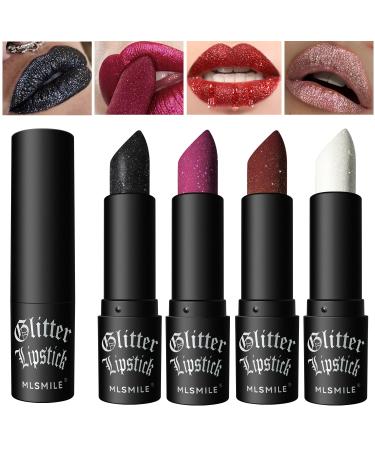 4 Pcs Diamond Matte Lipstick Set Long Lasting & Non-Stick Cup High Pigmented Glitter Metallic Lips Makeup Vampire Red Lipstick Black Lipstick for Women for Party Cosplay Halloween Makeup