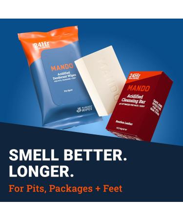 Mando Whole Body Starter Kit - 2.6oz Solid Stick 3.6oz Spray 1.5oz Acidified Body Wash 5oz Acidified Cleansing Bar 15ct Deodorant Wipes - Aluminum Free Odor Control - 5 pc Bundle (Bourbon Leather) - Buy Online on GoSupps.com