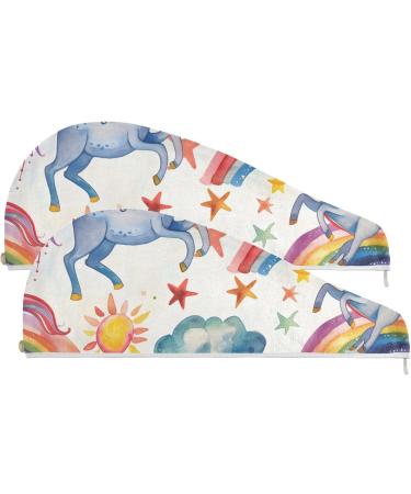 Magical Unicorns Rainbows Hair Towel 2 Pack | Super Absorbent Quick Dry Hair Turbans for Women & Girls - Buy Online on GoSupps.com