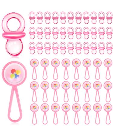 50 Pcs Pink Acrylic Baby Pacifiers and 60 Pcs Mini Plastic Rattle for Baby Shower  Plastic Pacifiers Mini Rattle Pacifiers Necklace Decorations for Baby Shower Birthday Party Favors Supplies