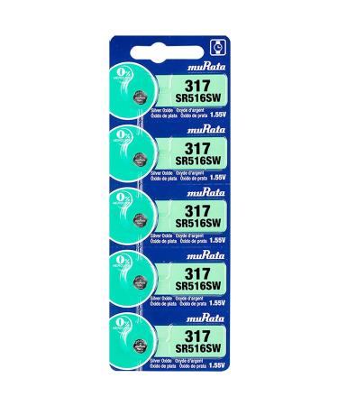 Murata 317 Battery SR516SW 1.55V Silver Oxide Watch Button Cell (5 Batteries)