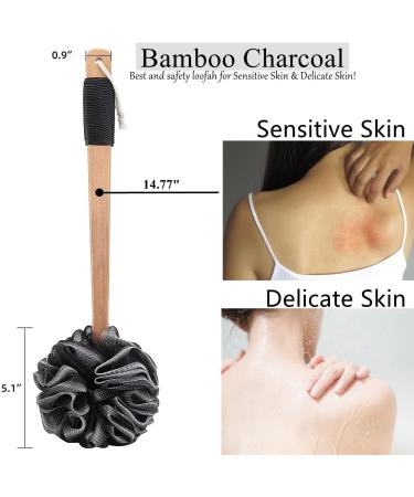 2pcs Bamboo Charcoal Loofah Back Scrubber Shower Brush for Sensitive Skin - Waterproof Handle - Buy Online on GoSupps.com