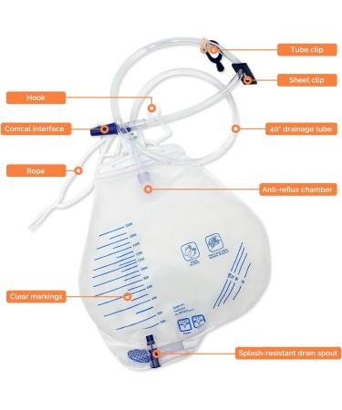 Buy 2000ml Disposable Urinary Drainage Bags for Men | Anti-Reflux Chamber 40 Drainage Tubes Catheter Bags with T Valve Hanger - International Shipping Available - Buy Online on GoSupps.com