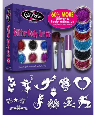 GlitZGlam Glitter Tattoo Kit - 6 Large Glitters & 12 Stencils - Hypoallergenic & Dermatologist Tested - Boys & Girls Body Art - Buy Online on GoSupps.com