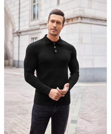 Coofandy Men's Long Sleeve Muscle Stretch T-shirt Slim Fit Polo Shirt - Black - Buy Online on GoSupps.com