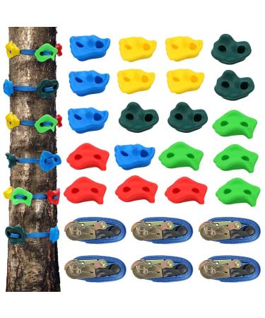 X XBEN 20 Rock Climbing Holds and 6 Ratchet Strap for Kids/Adult Climber, Build Rock Climbing Wall Grips, Ninja Tree Climbing Kit for Indoor and Outdoor Jungle Gym Playground