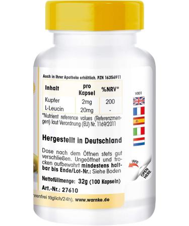 Copper Capsules 2mg - Vegan - 100 Capsules - Copper Bisglycinate | Warnke Vitalstoffe | German Pharmacy Quality - International Shipping - Buy Online on GoSupps.com