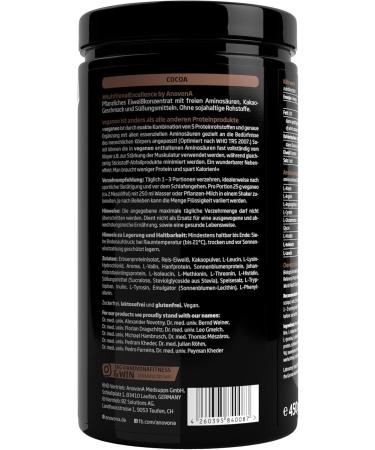 Anovona Vegan Protein Powder Cocoa | EAAs & BCAAs | 450g - Soy-Free Sugar-Free Lactose-Free | Made in Germany - Pea Rice & Hemp Isolate - Buy Online on GoSupps.com