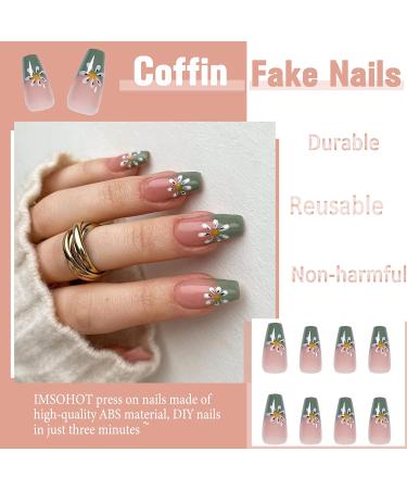 IMSOHOT Green Glossy Flower Press on Nails - Medium Length French Cute False Nails for Women and Girls - Buy Online on GoSupps.com