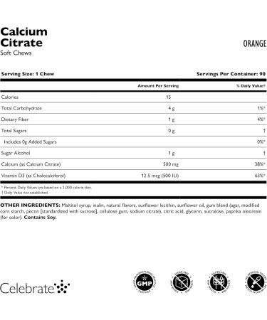 Celebrate Vitamins Bariatric 500mg Calcium Citrate Soft Chews with 500 IU Vitamin D3 Essential for Gastric Bypass Patients & Bone Health - Sugar & Gluten Free Orange (270 Chews) Orange 270 Count - Buy Online on GoSupps.com