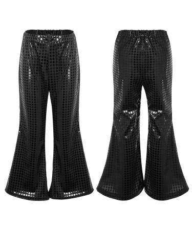 JEATHA Kids Girls Shiny Sequin Dance Pants Wide Leg Bell-Bottoms Trousers for Jazz Hip-Hop Street Dancing Black 6-7 Years