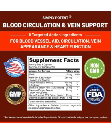 Blood Circulation & Vein Support Supplement - 90 Caps - Spider & Varicose Veins Relief - Niacin, Ginger & Cayenne Pepper - Vessel & Heart Health Support - Buy Online on GoSupps.com