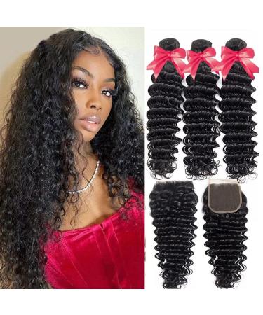 Mariska Deep Wave Bundles with Closure Brazilian 10A Human Hair Bundles Deep Weave Curly Human Hair 3 Bundles with 4x4 Lace Closure 100% Unprocessed Virgin Human Hair Bundles Natural Color(24 26 28+20, Deep Wave Bundles wi…