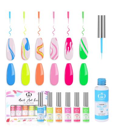 GOICC Nail Art Polish Set Gel Liner Kit For Design Paint 6 Colors Pink Green Blue Orange Rainbow Soak off Curing Requires 8ml with Thin Brush Gold Silver White