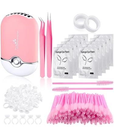Honoson Eyelash Extension Supplies, USB Air Conditioning Blower, 2 Straight and Curved Tweezers,100 Disposable Mascara, 50 Glue Ring Holder, 2 Tapes, 10 Pairs Under Eye Gel Pads (Pink)