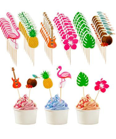 72 PCS Tropical Luau Cupcake Toppers Palm Tree Flamingo Pineapple Coconut Cupcake Picks Decorations for Hawaiian Summer Beach Theme Party Favors Supplies 6 Styles