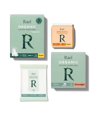 Rael Period Essential Value Set - Organic Cotton Cover Regular & Overnight Pads, Regular Liners and pH Balanced Feminine Wipes