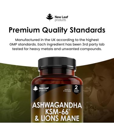 Ashwagandha KSM-66 and Lions Mane Capsules - High Strength 2000mg KSM-66 Ashwaghandha Root Extract and Lions Mane Mushroom Extract - 120 Vegan Capsules with Black Pepper - UK Made by New Leaf Ashwagandha KSM & Lions Mane - Buy Online on GoSupps.com