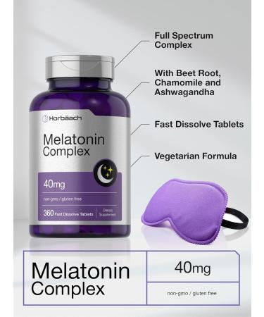 Horb ach Melatonin 40mg Complex | 360 Fast Dissolve Tablets | Adult Extra Strength Supplement | with Chamomile and Ashwagandha | Vegetarian Non-GMO Gluten Free - Buy Online on GoSupps.com