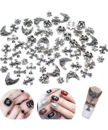 60pcs Metal Silver Cross Nail Charms for Acrylic Nails 3D Vintage Jewels Bulk for DIY Nail Craft Accessories Decorations Kits.