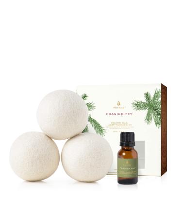 Thymes Frasier Fir Wool Dryer Balls Set  Includes 3 Wool Laundry Balls + 1 Frasier Fir Laundry Fragrance Oil for Dryer  Eliminate Wrinkles, Static & Lint  Scented Laundry Supplies (0.5 fl oz)