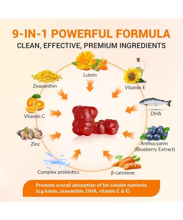 Lutein and Zeaxanthin Gummies Supplements Support Eye Health 9 in 1 with Vitamin E and C B-carotene DHA Zinc Anthocyanin (Blueberry Extract) Complex Probiotics Non-GMO Gluten Free I 60 Gummies 1 bottle - Buy Online on GoSupps.com