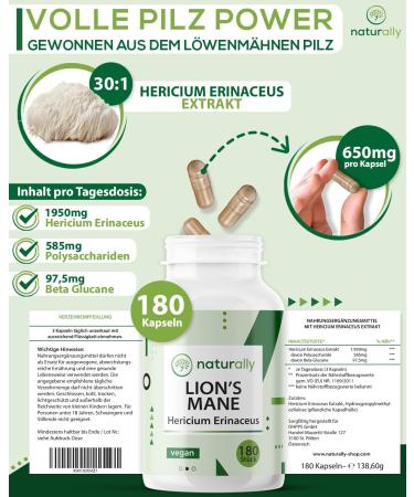 Naturally Lion's Mane Capsules - 180 Vegan Capsules | 1950mg 30:1 Extract | Premium Hericium Erinaceus | Made in Germany | Boost Your Focus & Clarity - Buy Online on GoSupps.com