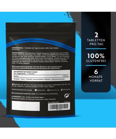 Taurine Tablets 1000mg - 180 Count | Pre Workout & Fitness Supplement | Vegan Taurine Amino Acids | 3-Month Supply - Nutravita - Buy Online on GoSupps.com