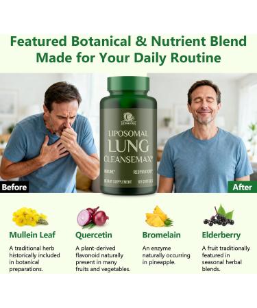 Liposomal Lung Cleansemax Supplement with Mullein Leaf Extract Elderberry Fruit Extract Quercetin + 13 Herbs & Vitamins Enhanced Absorption Refreshing Breathing Experience 60 Capsules 60 Count (Pack of 1) - Buy Online on GoSupps.com