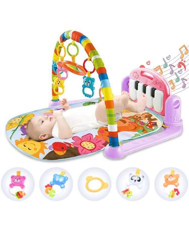 Hoopeum Baby Play Mat Toys for 0-3-6-12 Months,Activity Jungle Gym Playmat Tummy Time Mat with Piano,Newborn Infant Baby Boys Girls Musical Floor Play Kick & Play Mat for Christmas Toys Gift1 Pink